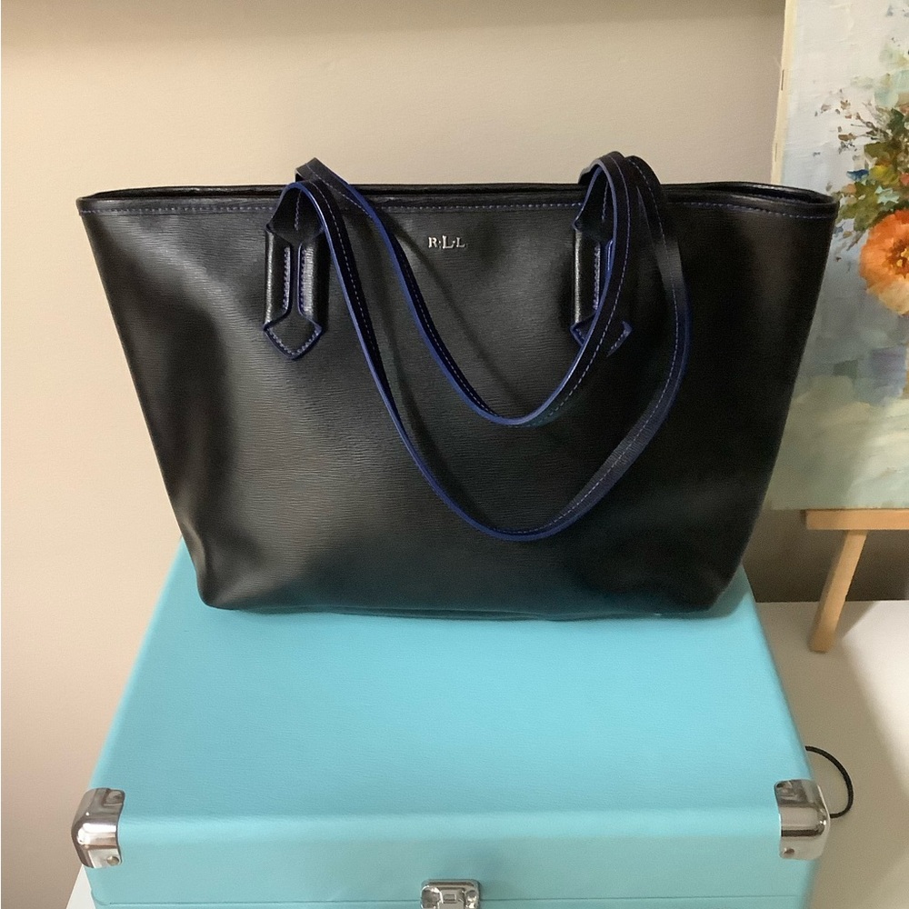 Ralph Lauren RLL black leather tote. 11.5x15x9” height. Blue stitching. Gorgeous